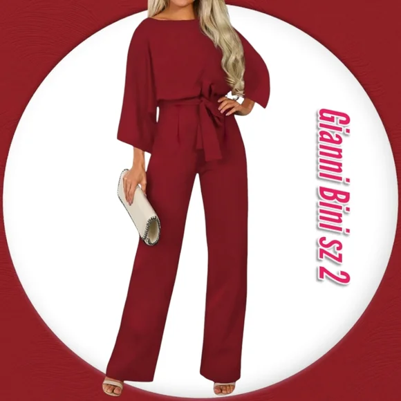 Gianni Bini Wide Leg Belted Jumpsuit Burgundy Red 3/4 Sleeve Size 2 - Picture 2 of 11